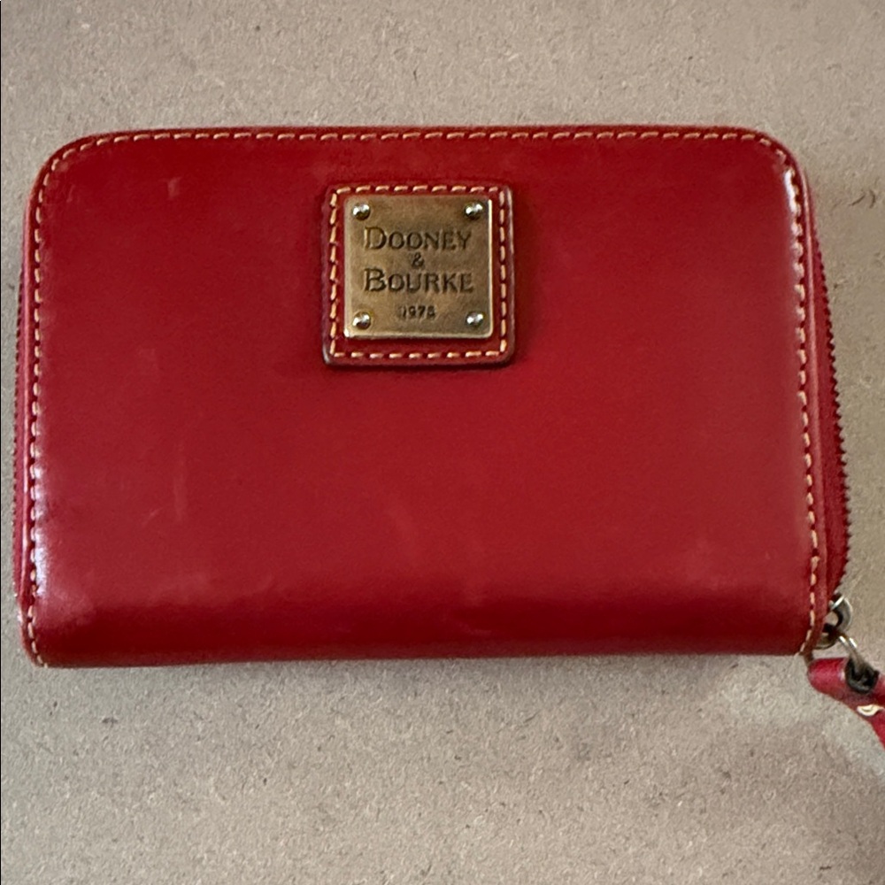 Dooney & Bourke Red Leather Zip Wallet with Brass Logo